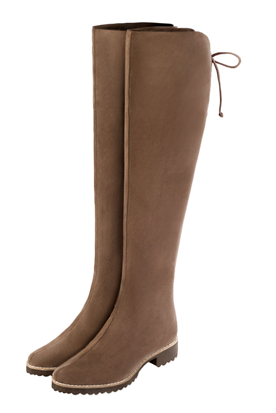 Chocolate brown women's leather thigh-high boots. Round toe. Flat rubber soles. Made to measure. Front view - Florence KOOIJMAN